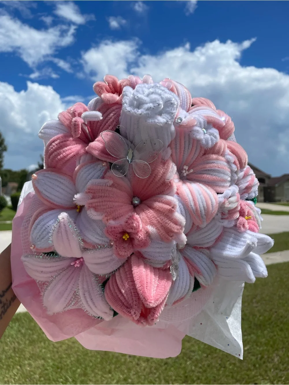 Handmade Pink & White Flower Bouquet for gift anniversary birthday wedding